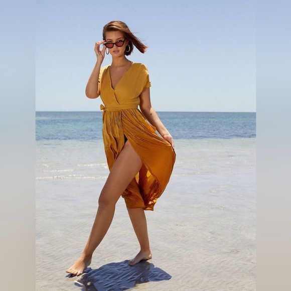 Urban outfitters Gabriella yellow linen wrap midi dress - Picture 2 of 12
